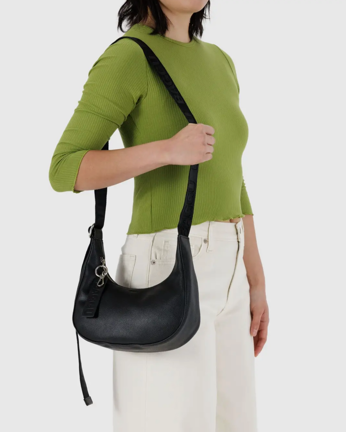 Small Recycled Leather Crescent Bag in Black